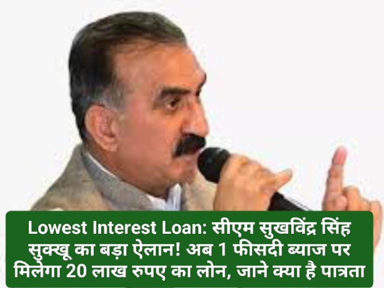 Lowest Interest Loan: सीएम सुखविंद्र सिंह सुक्खू का बड़ा ऐलान! अब 1 फीसदी ब्याज पर मिलेगा 20 लाख रुपए का लोन, जाने क्या है पात्रता