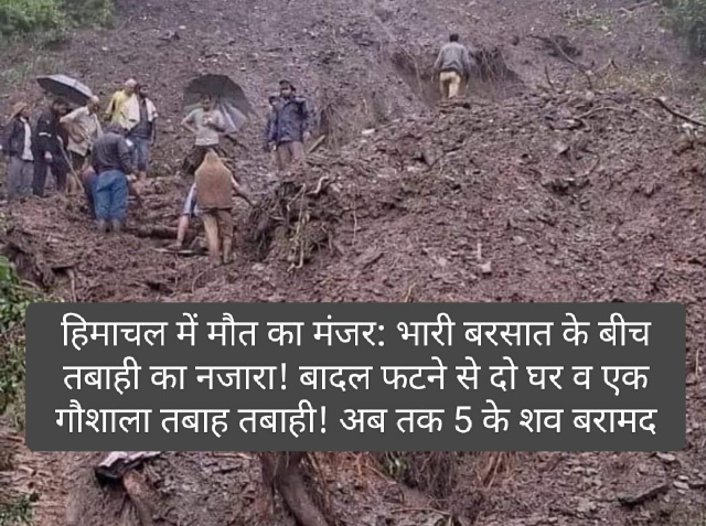 हिमाचल में मौत का मंजर: भारी बरसात के बीच तबाही का नजारा! बादल फटने से दो घर व एक गौशाला तबाह तबाही! अब तक 5 के शव बरामद