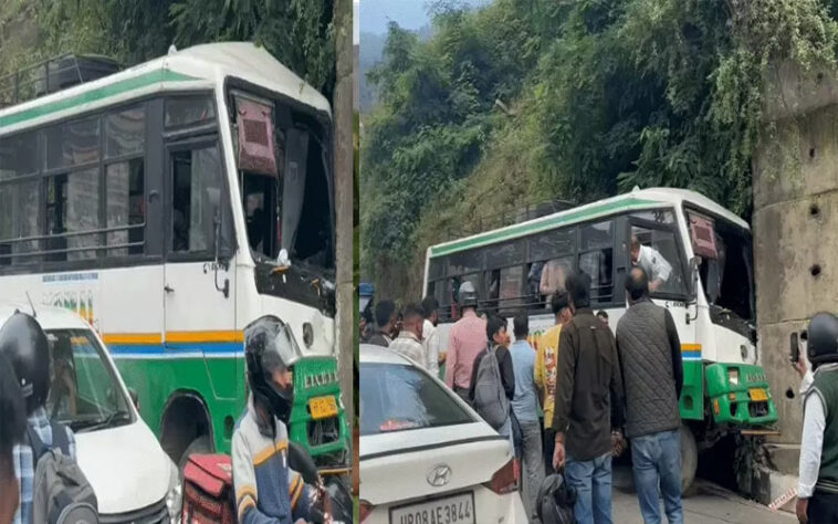 हिमाचल में निजी बस की ब्रेक फेल: बेकाबू होकर दीवार से टकराई, तीन यात्री जख्मी