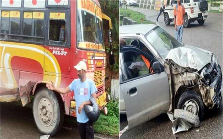 Accident In Himachal: कार और बस के बीच जोरदार भिड़ंत! टक्कर के बाद पैरापिट से टकराई कार