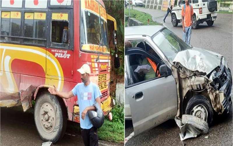 Accident In Himachal: कार और बस के बीच जोरदार भिड़ंत! टक्कर के बाद पैरापिट से टकराई कार