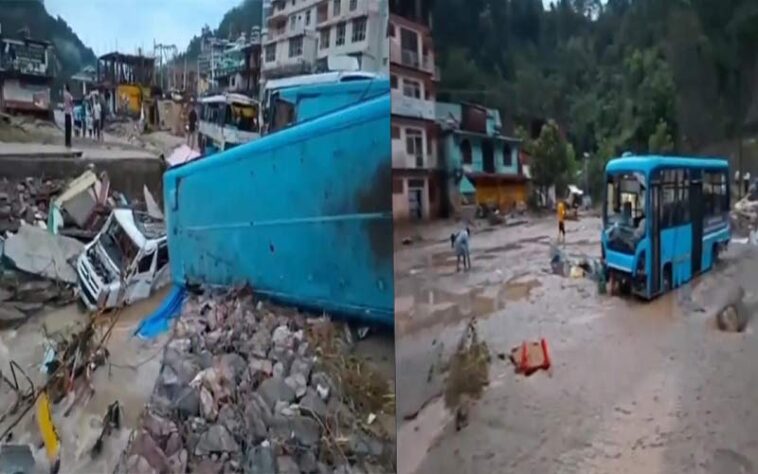 हिमाचल में भारी बारिश से तबाही: HRTC की बसे बही! लोगों के घर डूबे हिमाचल में भारी बारिश से तबाही: HRTC की बसे बही! लोगों के घर डूबे