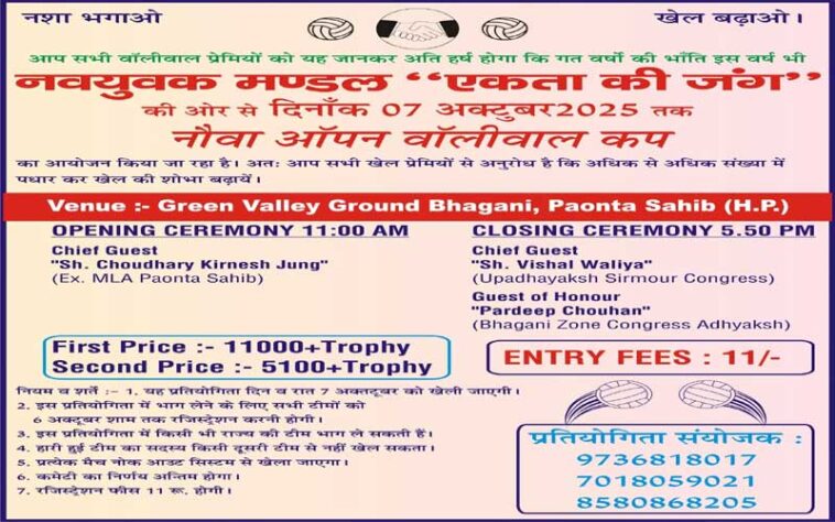 Paonta Sahib: भंगानी मैदान में 7 अक्तूबर से शुरु होगी ओपन वॉलीबाल प्रतियोगिता Paonta Sahib: भंगानी मैदान में 7 अक्तूबर से शुरु होगी ओपन वॉलीबाल प्रतियोगिता