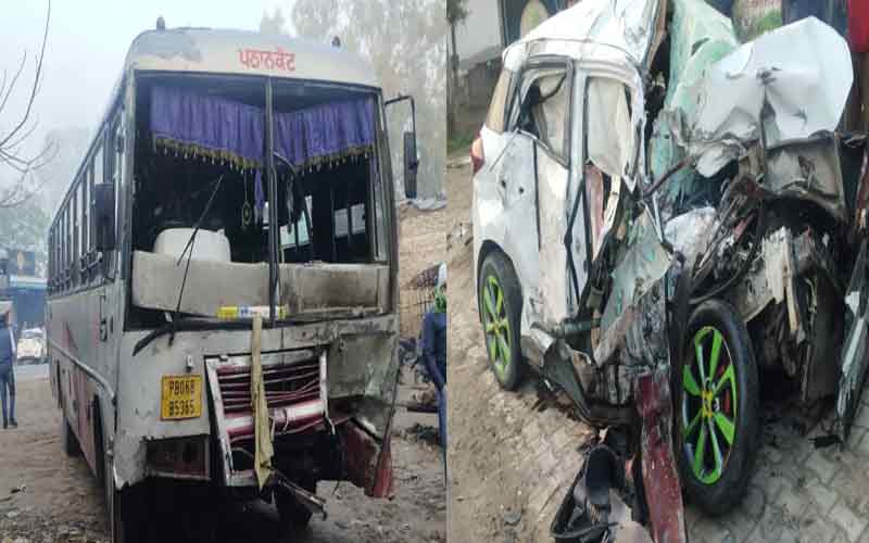 होशियारपुर में कार और बस की टक्कर: हिमाचल के रिटायर्ड फौजी सहित 4 की मौत, भतीजे को छोड़ने एयरपोर्ट जा रहे थे मृतक..