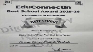 Paonta Sahib : पांवटा के बी. के. डी. स्कूल को मिला बेस्ट स्कूल रैंक! सिरमौर के 1584 विद्यालयों में चुना गया….