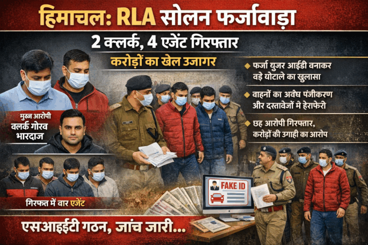 Breaking News : RLA सोलन फर्जीवाड़ा—2 क्लर्क, 4 एजेंट गिरफ्तार, करोड़ों का खेल उजागर Breaking News : RLA सोलन फर्जीवाड़ा—2 क्लर्क, 4 एजेंट गिरफ्तार, करोड़ों का खेल उजागर