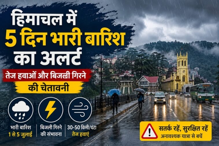 हिमाचल में 5 दिन भारी बारिश का अलर्ट, तेज हवाओं और बिजली गिरने की चेतावनी