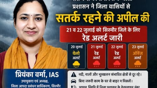 सिरमौर में बारिश का बड़ा खतरा! 21-22 जुलाई के लिए रेड अलर्ट, प्रशासन ने जारी की अहम चेतावनी सिरमौर में बारिश का बड़ा खतरा! 21-22 जुलाई के लिए रेड अलर्ट, प्रशासन ने जारी की अहम चेतावनी