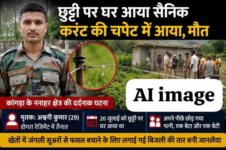हिमाचल में हादसा ! छुट्टी पर घर आया सैनिक नहीं लौटा ड्यूटी पर, खेतों में बिछी बिजली की तार बनी मौ+त की वजह… हिमाचल में हादसा ! छुट्टी पर घर आया सैनिक नहीं लौटा ड्यूटी पर, खेतों में बिछी बिजली की तार बनी मौ+त की वजह…