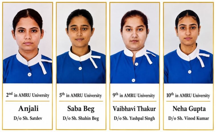सिरमौर की उपलब्धि! नाहन की चार नर्सिंग छात्राओं ने AMRU की टॉप-10 मेरिट में बनाई जगह सिरमौर की उपलब्धि! नाहन की चार नर्सिंग छात्राओं ने AMRU की टॉप-10 मेरिट में बनाई जगह