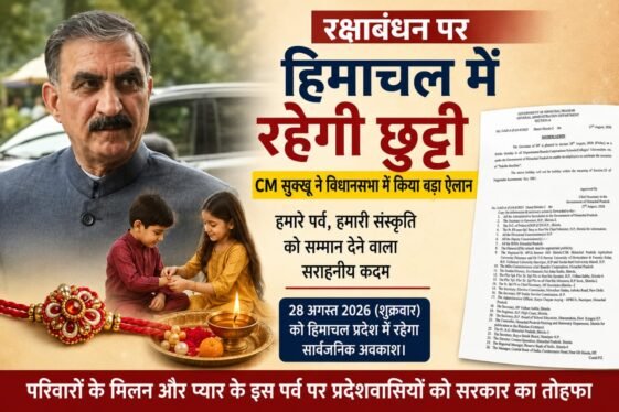 रक्षाबंधन पर हिमाचल में रहेगी छुट्टी, CM सुक्खू ने विधानसभा में किया बड़ा ऐलान